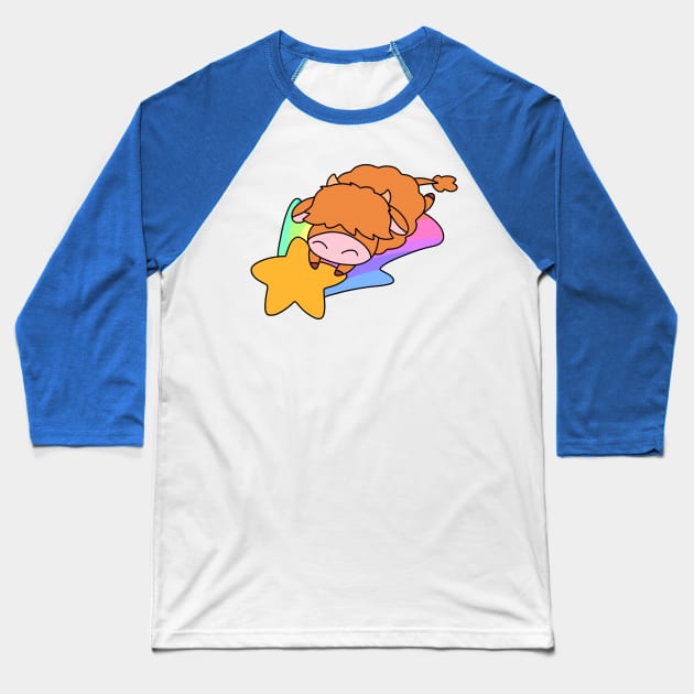 Rainbow Shooting Star Highland Cow Baseball T-Shirt by saradaboru